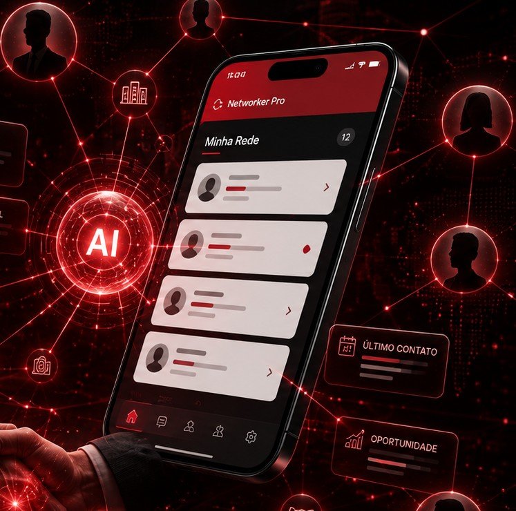 Painel do Networker Pro mostrando a lista de parceiros e sugestões de oportunidade em um celular